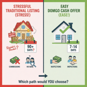 Infographic comparing stressful traditional home listings versus the easy process of selling to cash home buyers in Sacramento, CA, highlighting speed and no commissions.