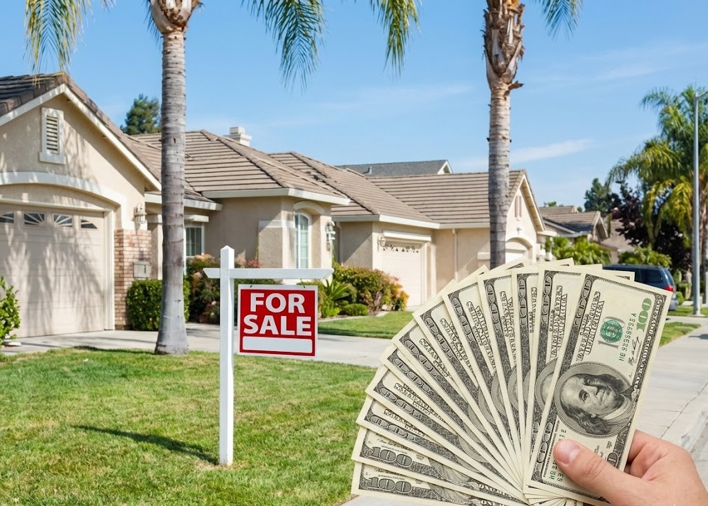 A hand holding a large stack of hundred-dollar bills in front of a house with a "FOR SALE" sign, representing fast cash home buyers in Sacramento.